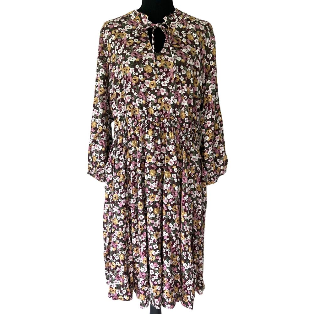 Torrid Floral Tie Neck keyhole Dress Burgundy long sleeve pockets Cottagecore L